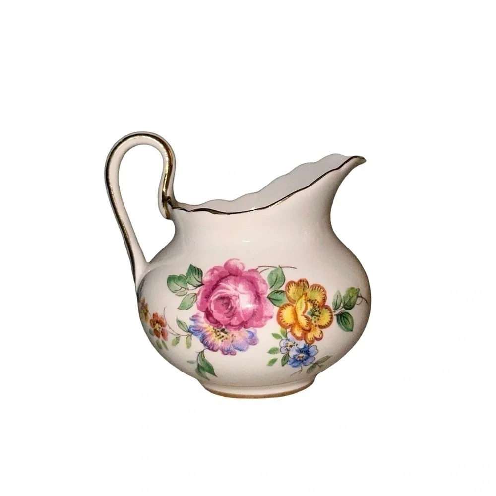 Royal Chelsea Vintage Porcelain Red Yellow Floral Gold Gilt Creamer